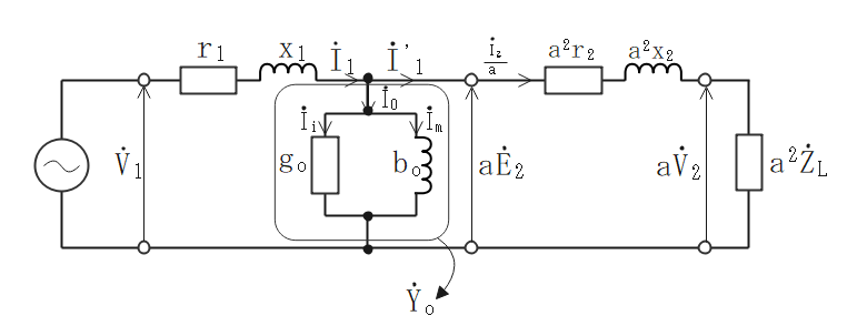 実際の変圧器の等価回路(T形)